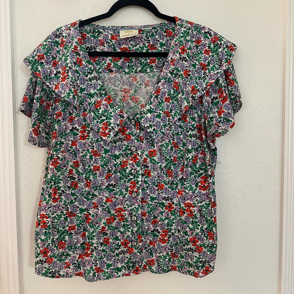 Anthropologie Maeve Floral Button-Front Blouse - Red, Green, Purple on White